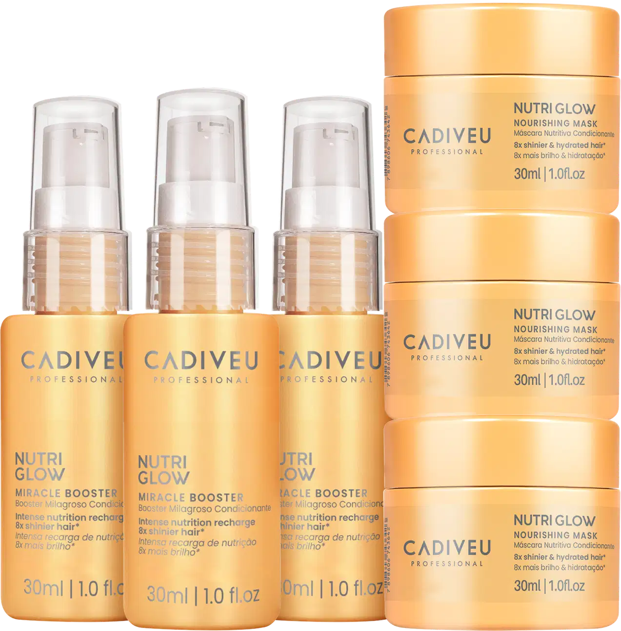 Três frascos de Nutri Glow Miracle Booster da marca Cadiveu Professional, acompanhados de três potes de máscara condicionadora Nutri Glow da mesma marca, com 30ml cada