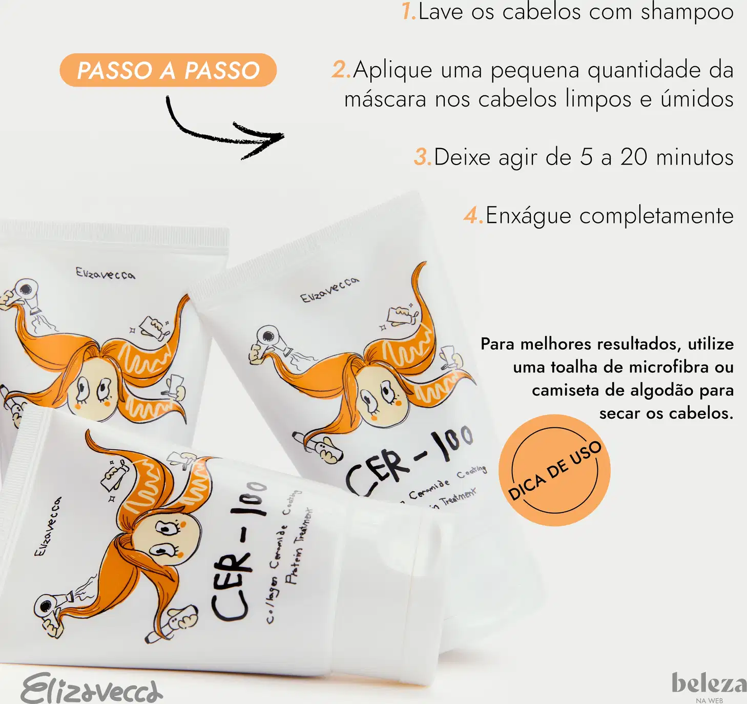 Embalagens de máscara capilar Elizavecca com ilustrações coloridas e instruções passo a passo em português. Produtos apresentados em sachês brancos com rótulos pretos e laranja.
