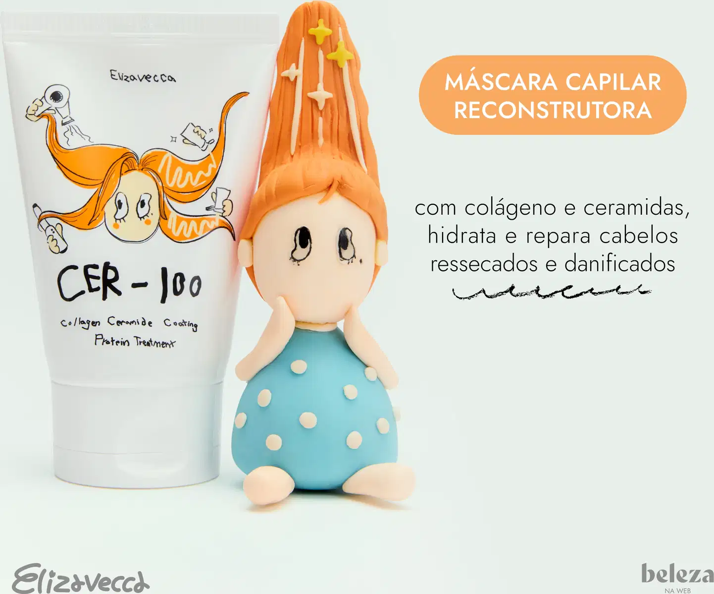 Texto na imagem: Máscara capilar reconstrutora com colágeno e ceramidas, hidrata e repara cabelos ressecados e danificados.