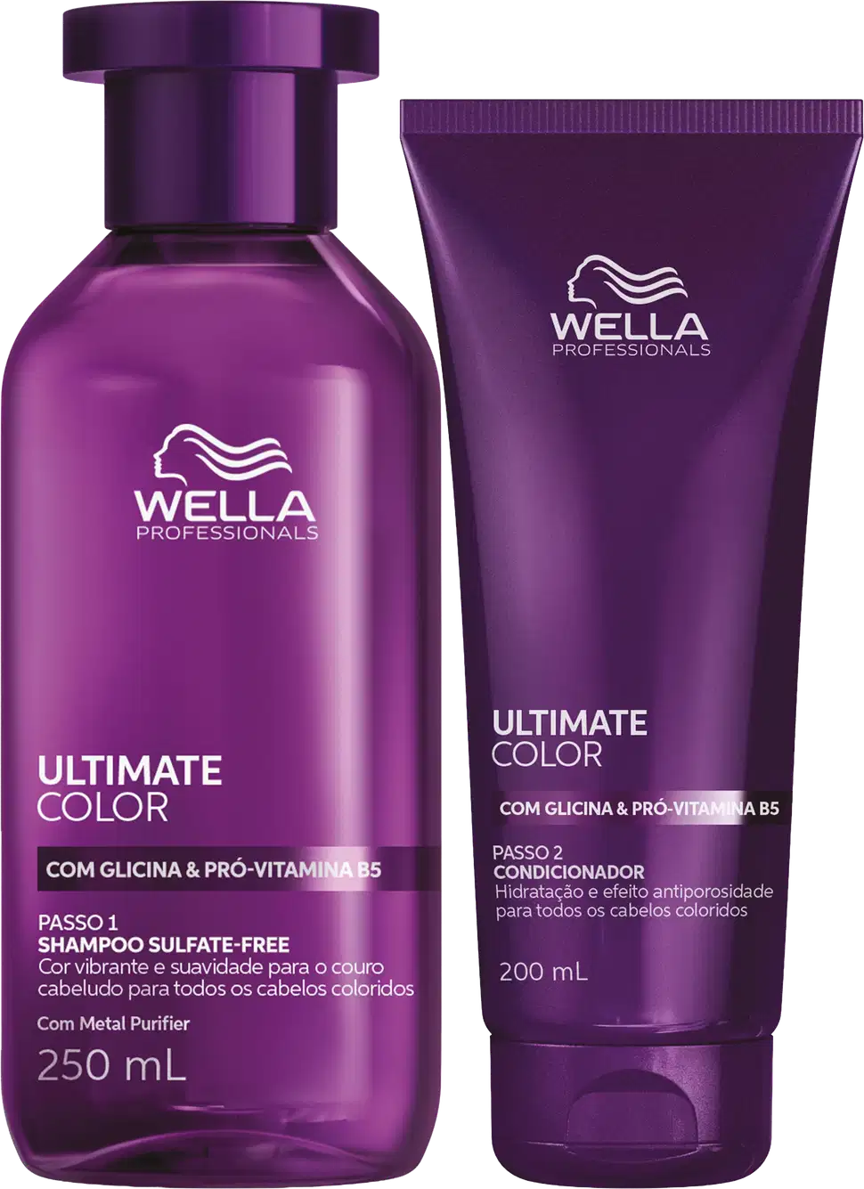 Produtos da linha Ultimate Color da Wella Professionals, incluindo um frasco de shampoo sulfate-free de 250 ml e um condicionador de 200 ml, ambos em embalagens de cor roxa com o logotipo da marca.