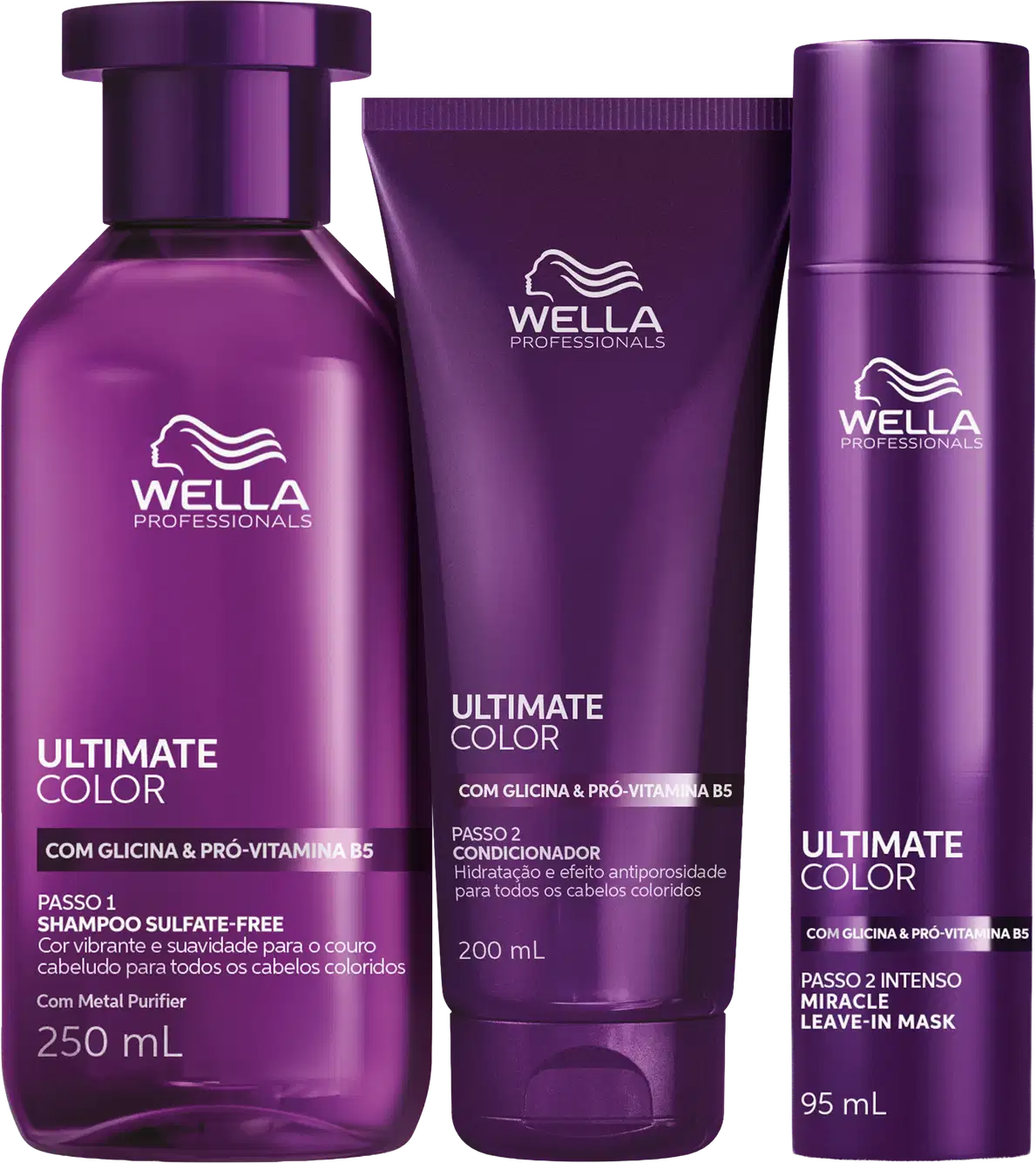 Produtos da linha Ultimate Color da Wella Professionals, incluindo shampoo sulfate-free, condicionador e máscara leave-in, em embalagens de plástico com predominância da cor roxa.