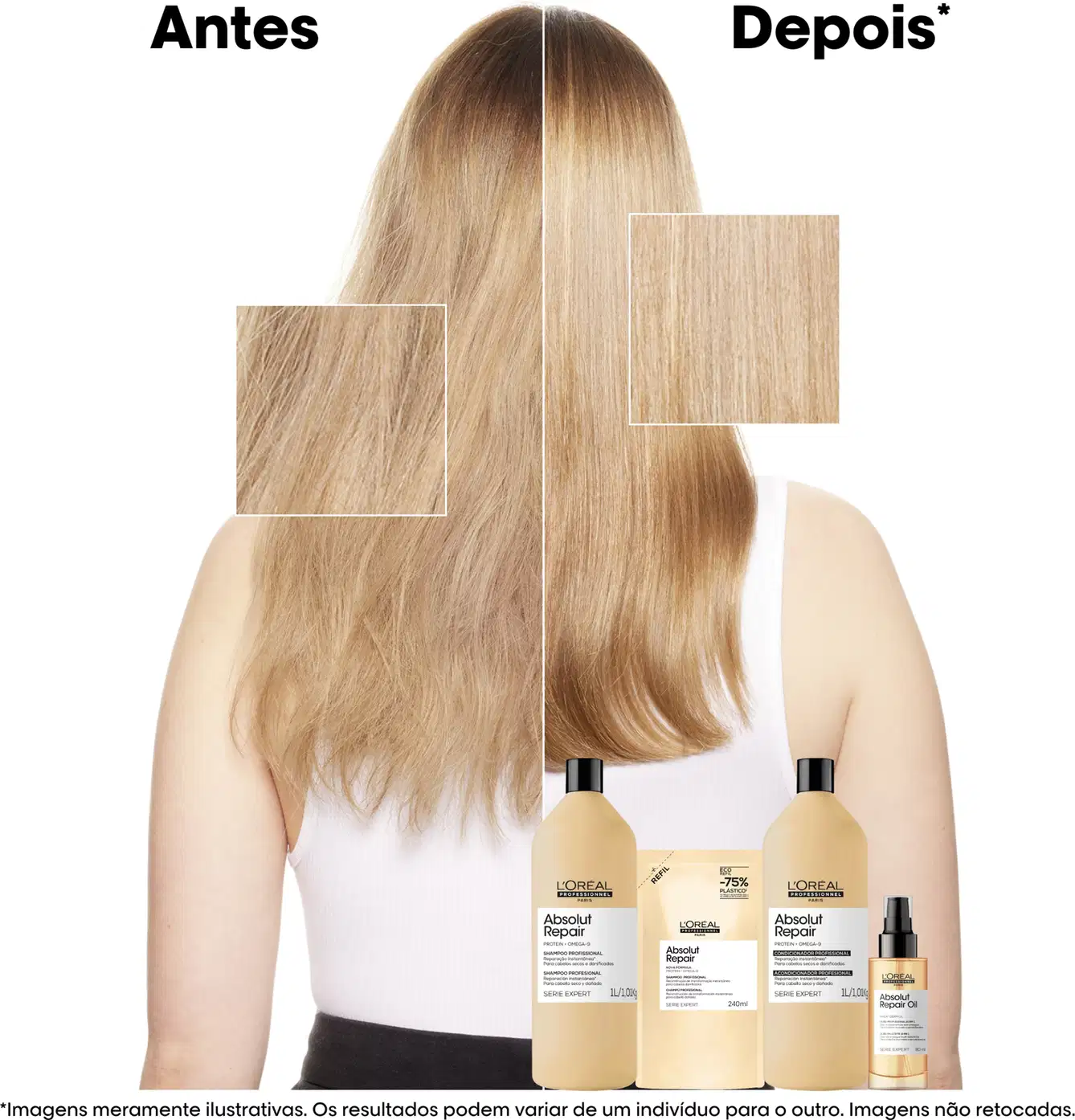 O produto L'Oréal Professionnel Absolut Repair apresenta dois frascos de shampoo e condicionador, além de um frasco de óleo, em embalagens de cor clara com rótulos destacados.