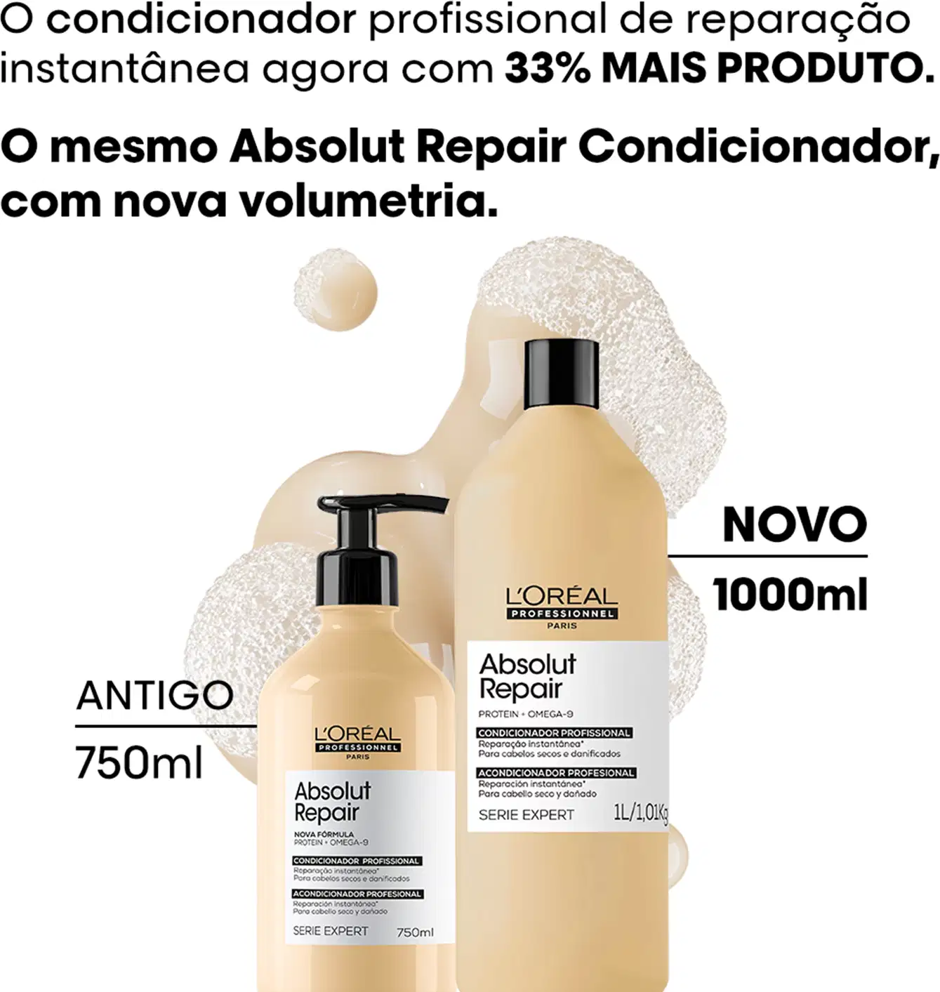 O shampoo profissional de reparação instantânea da L'Oréal Professionnel, Absolut Repair, com nova fórmula e volumetria, disponível em embalagens de 750ml e 1000ml.