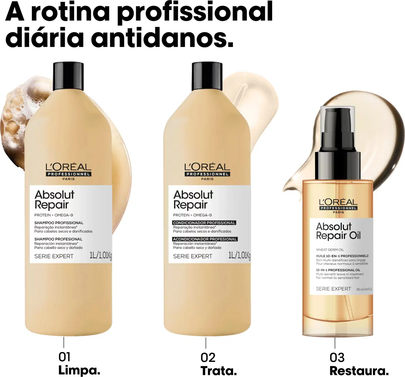 Três produtos da linha Absolut Repair da L'Oréal Professionnel: shampoo, condicionador e óleo capilar em embalagens de plástico e vidro com design preto e dourado.