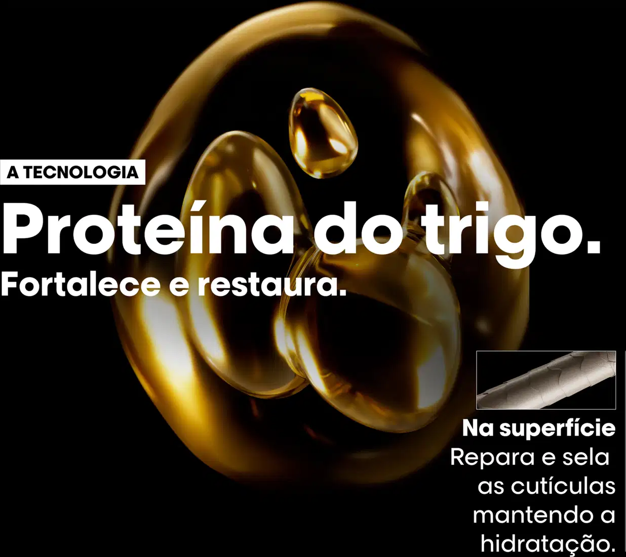 A tecnologia Proteína do trigo. Fortalece e restaura. Na superfície repara e sela as cutículas mantendo a hidratação.