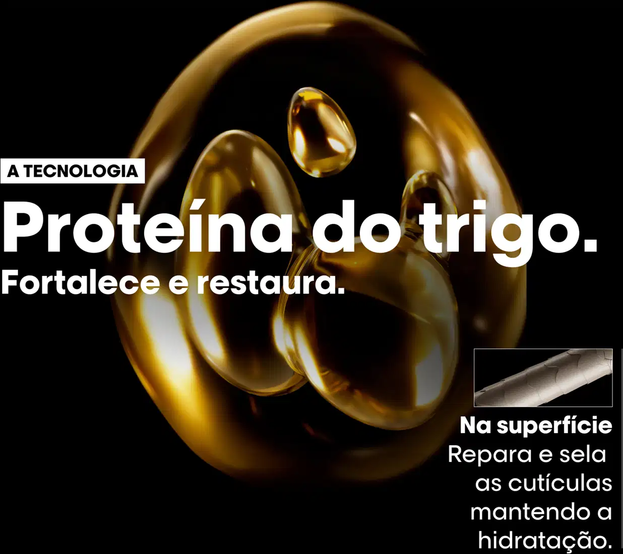 A tecnologia Proteína do trigo. Fortalece e restaura. Na superfície, repara e sela as cutículas, mantendo a hidratação.