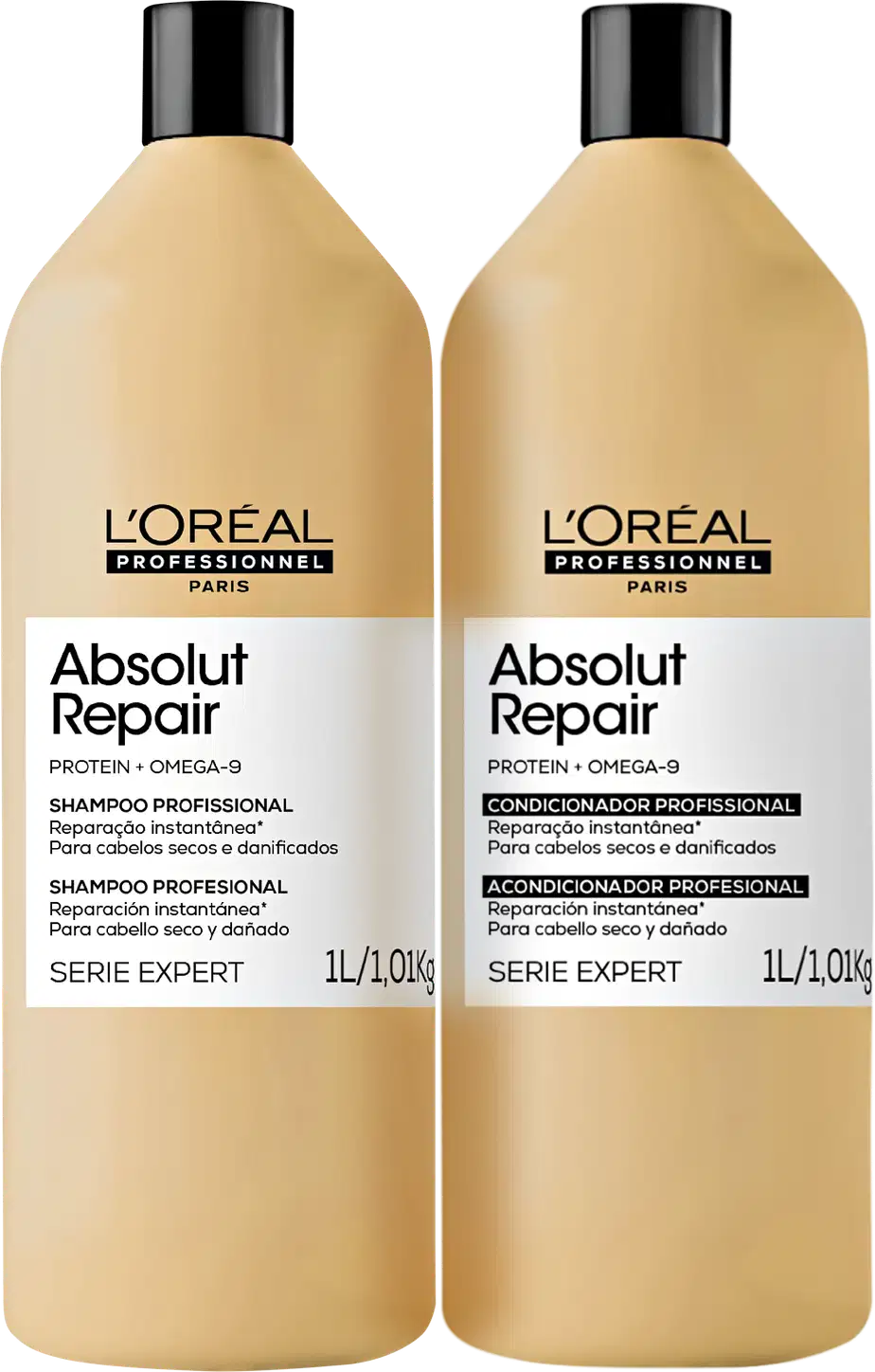 Dois frascos de shampoo e condicionador da linha Absolut Repair da L'Oréal Professionnel, com embalagens em tons de bege e preto, contendo informações sobre os produtos na frente.