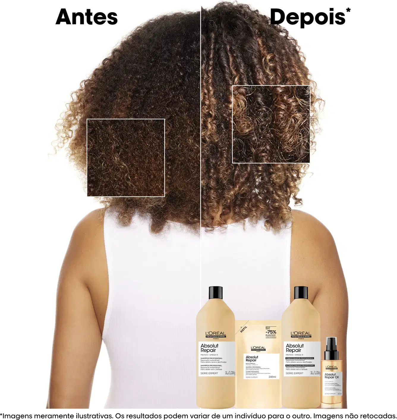 O produto de beleza da L'Oréal Professionnel apresenta dois frascos de shampoo e condicionador da linha Absolut Repair, além de um frasco de óleo reparador, em embalagens com cores claras e predominância de branco e amarelo.