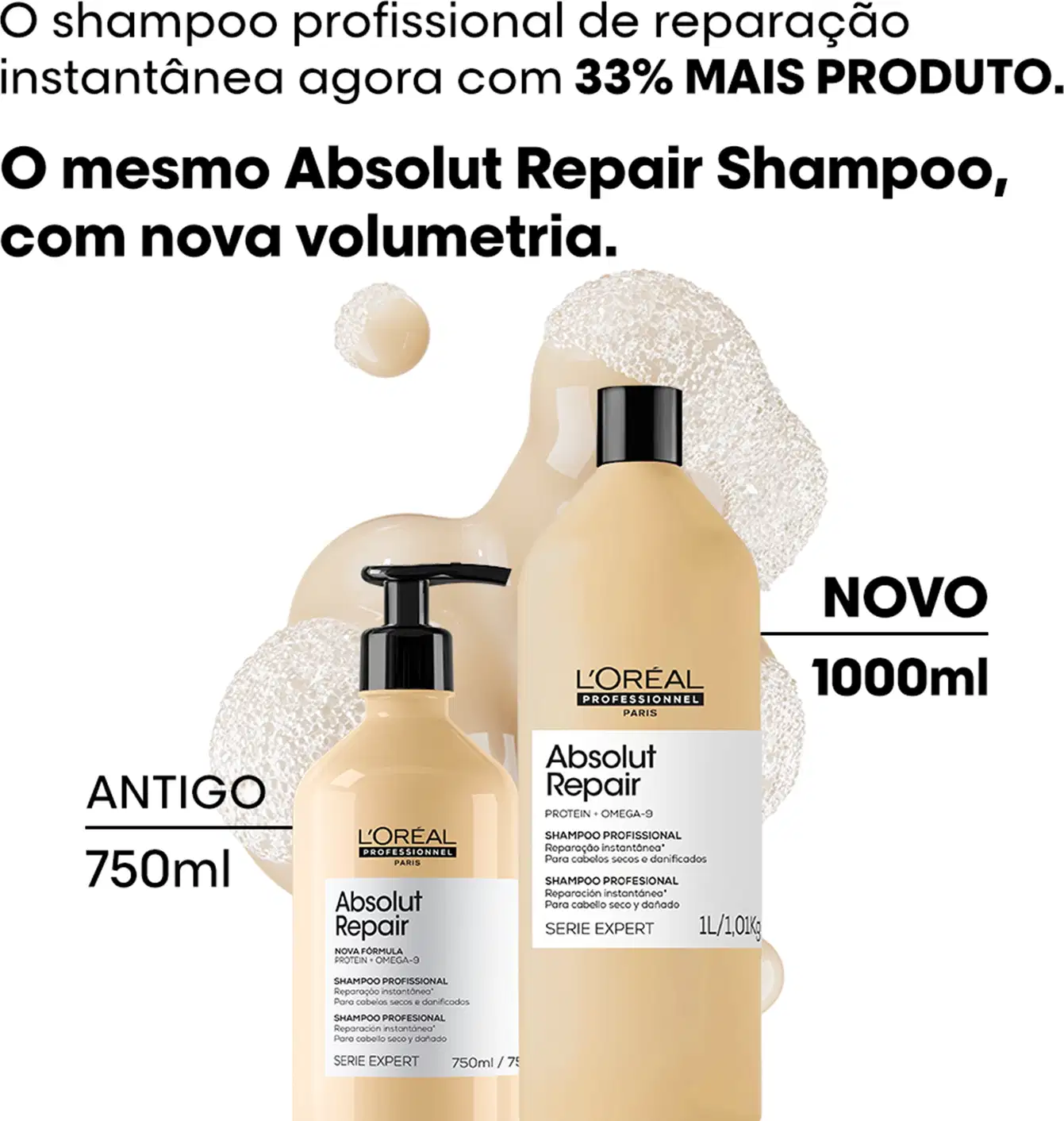 O shampoo profissional de reparação instantânea da L'Oréal Professionnel, Absolut Repair, com nova fórmula e volumetria, disponível em embalagens de 750ml e 1000ml.