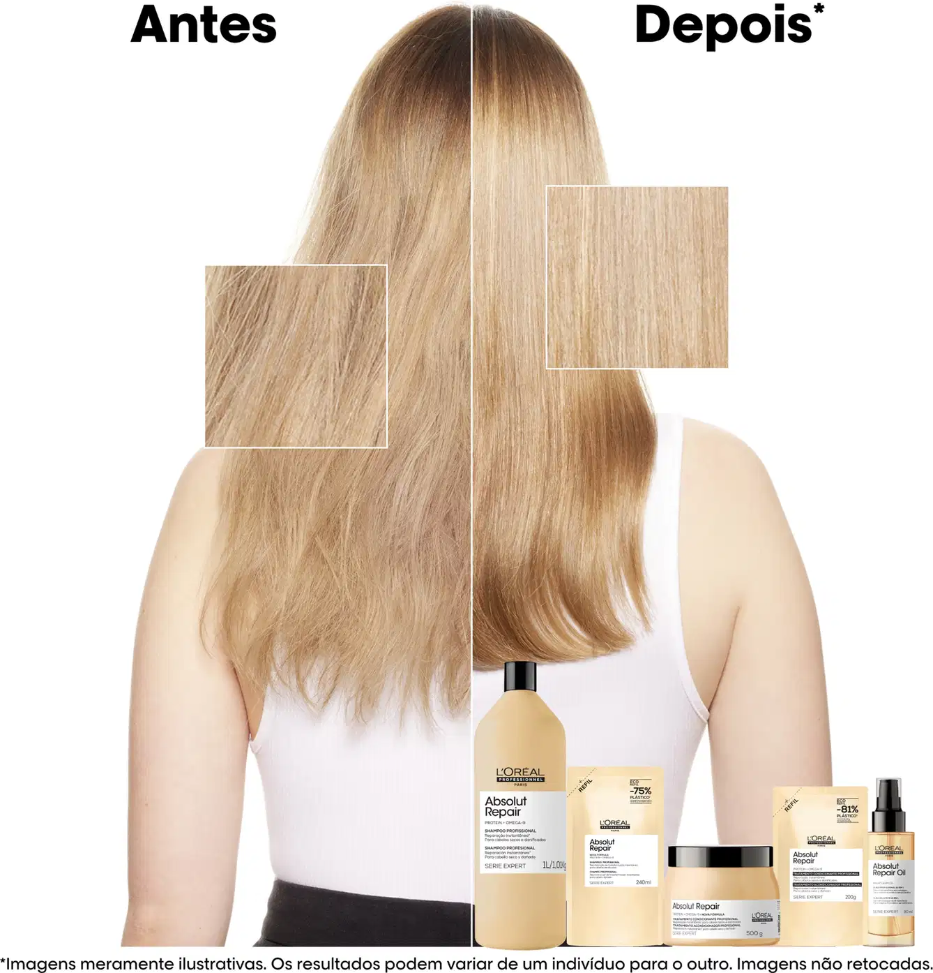 O produto L'Oréal Professionnel Absolut Repair apresenta dois frascos de shampoo e condicionador, além de um frasco de óleo, em embalagens de cor clara com rótulos destacados.