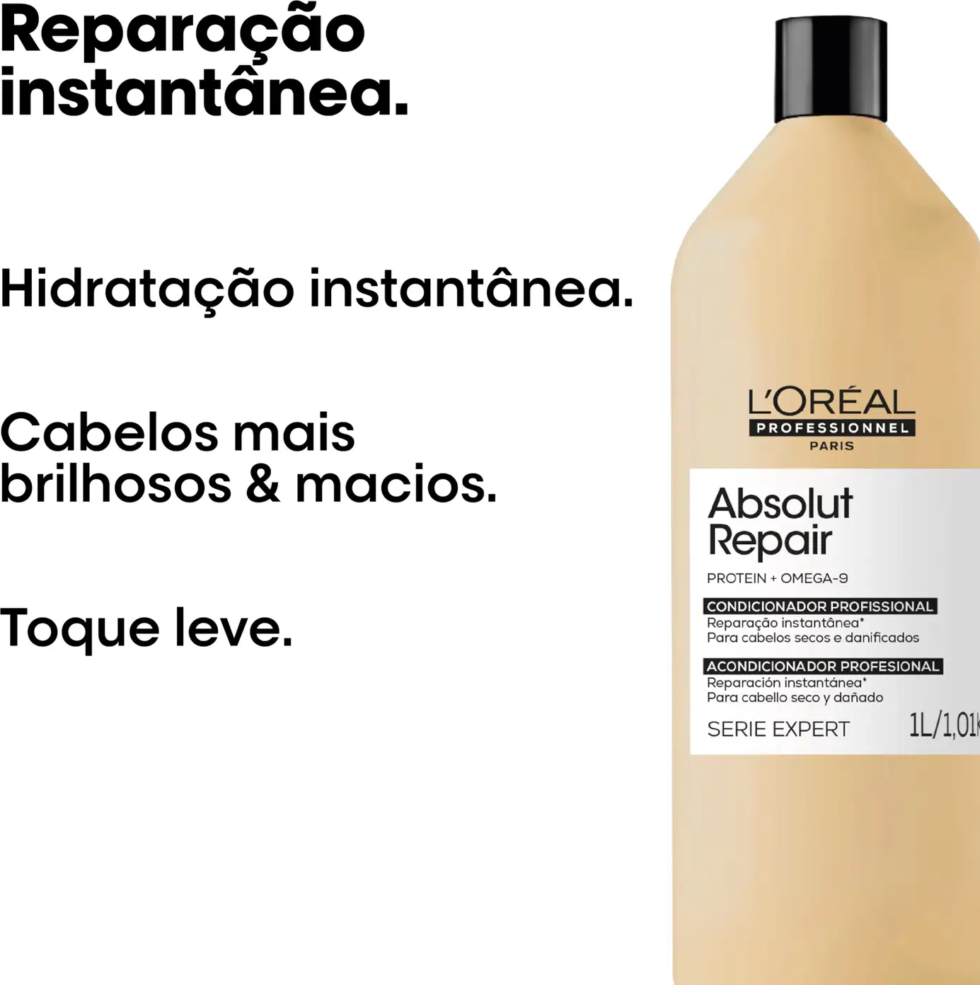 Condicionador profissional da linha Absolut Repair da L'Oréal Professionnel, em frasco de 1L/1,01L, com rótulo em cores claras e texto destacando os benefícios de reparação instantânea e cabelos mais brilhosos e macios.