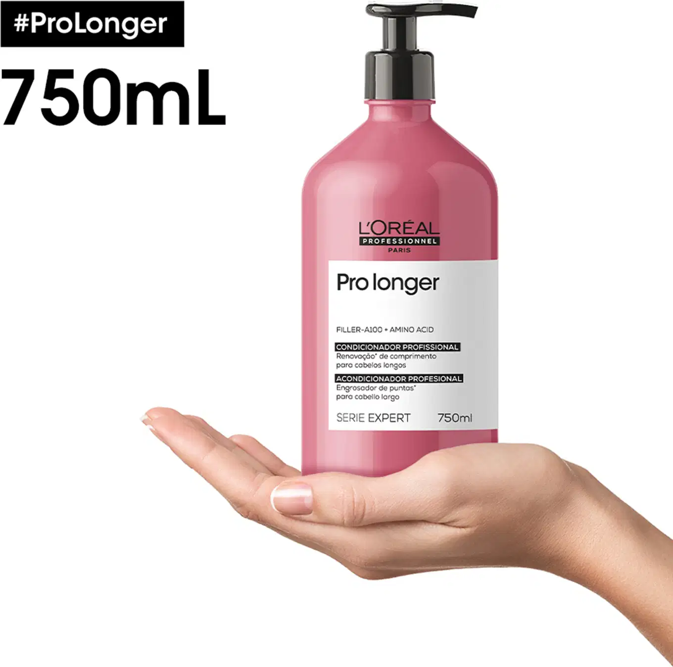 O produto é um condicionador profissional da linha Pro Longer da L'Oréal Professionnel, em embalagem de 750 ml com bomba dosadora. A embalagem é predominantemente rosa, com o nome do produto e informações sobre seus benefícios claramente exibidos.