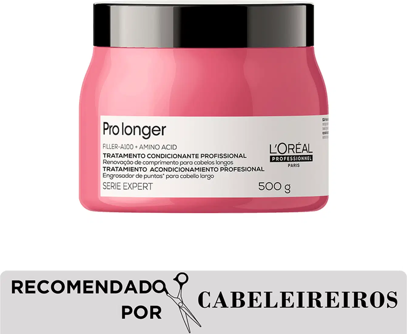 Tratamento condicionante profissional Pro longer da L'Oréal Professionnel, em embalagem rosa de 500g, com rótulo informando sobre a renovação do comprimento dos cabelos.