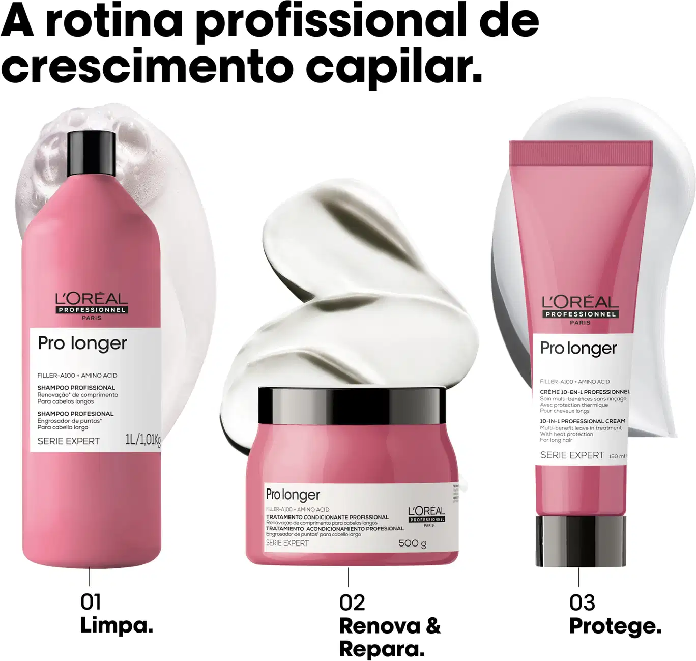 A linha de produtos profissionais da L'Oréal Paris chamada Pro Longer, composta por shampoo, tratamento condicionante e creme para cabelos, em embalagens rosa e brancas com detalhes em preto.