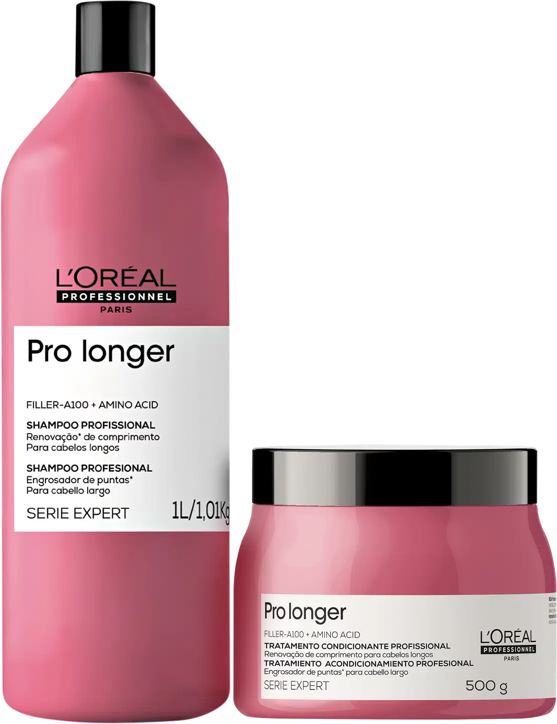 Produtos da linha Pro Longer da L'Oréal Professionnel, incluindo um frasco de shampoo e um pote de tratamento condicionante, ambos em embalagens rosa e preta com detalhes em branco.