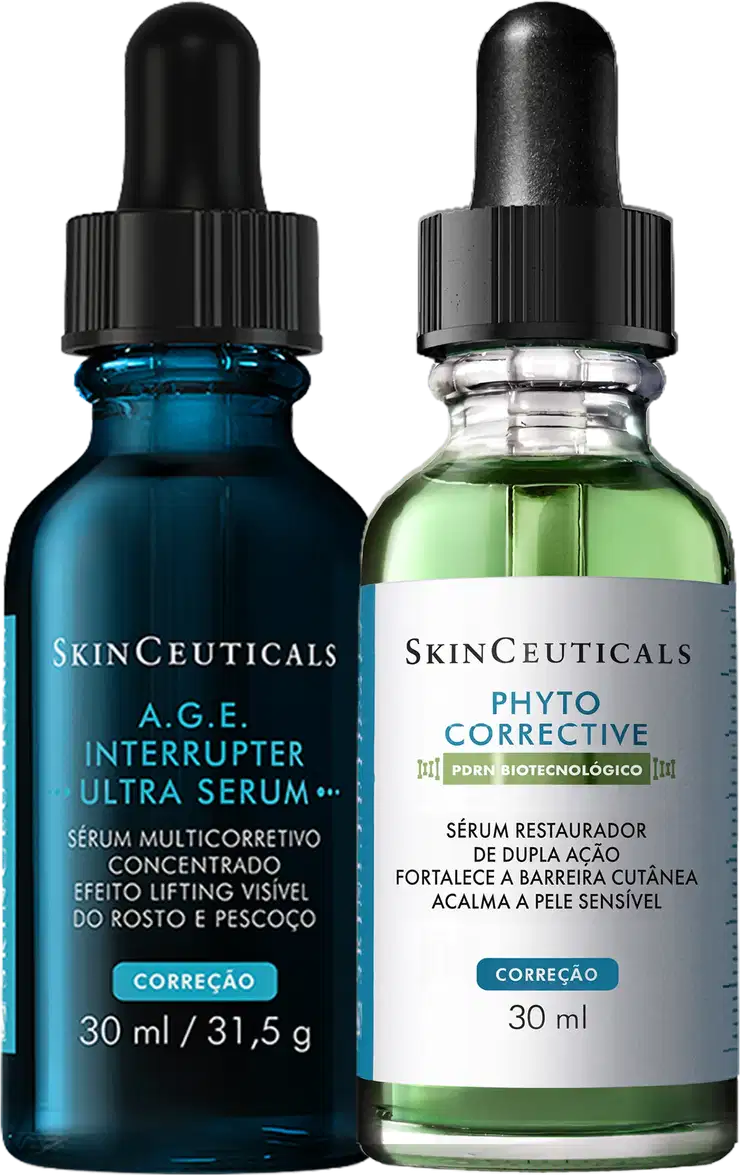 Dois frascos com contagotas SkinCeuticals: A.G.E. Interrupter Ultra Serum (azul, 30ml) e Phyto Corrective (verde, 30ml). Embalagens com rótulos brancos e tampas pretas rosqueáveis.