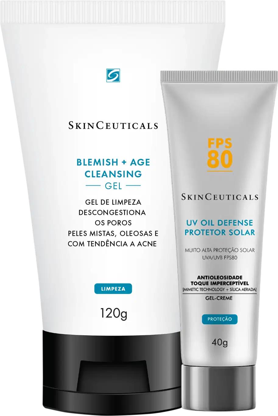 Dois produtos SkinCeuticals: gel de limpeza Blemish + Age 120g em tubo branco com tampa preta, e protetor solar UV Oil Defense FPS 80 40g em tubo branco com detalhes prateados.