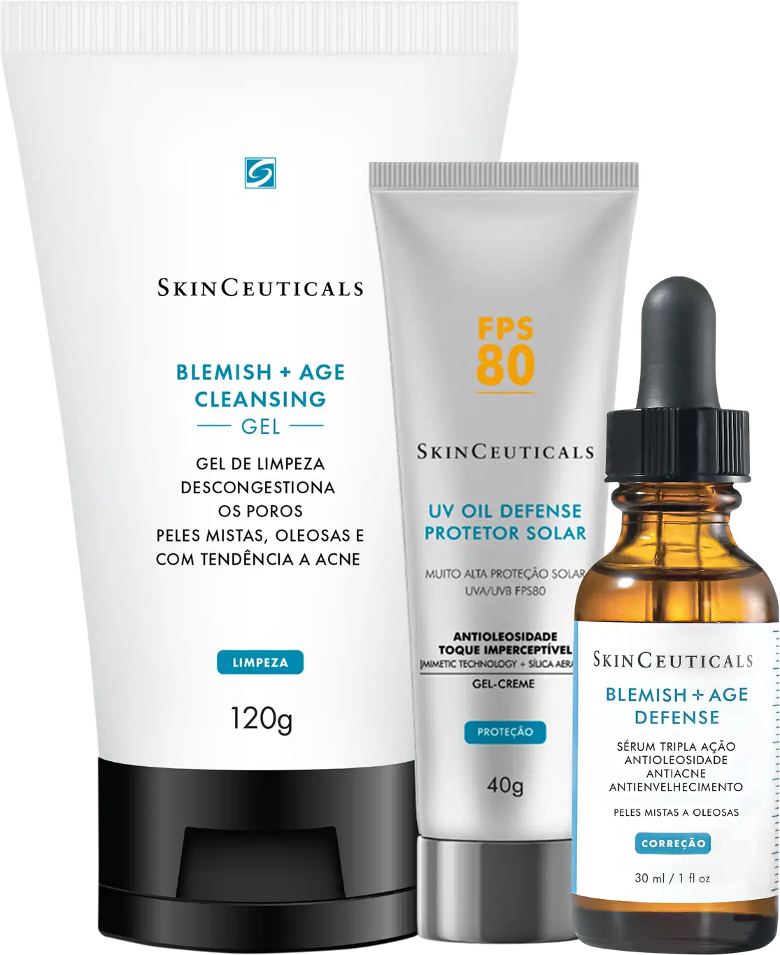 Kit SkinCeuticals com três produtos: gel de limpeza 120g, protetor solar FPS 80 40g e sérum defense 30ml. Embalagens brancas, cinzas e frasco âmbar com aplicador conta-gotas.