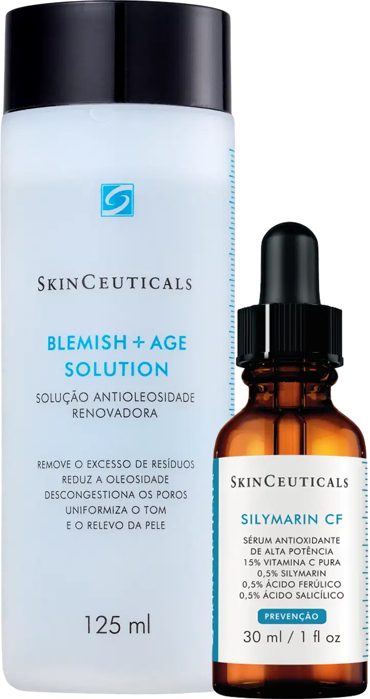 Dois produtos SkinCeuticals: frasco branco de 125ml com Blemish + Age Solution e frasco âmbar de 30ml com Silymarin CF. Embalagens com rótulos azuis e brancos, tampas pretas, apresentando séruns e soluções para tratamento facial.