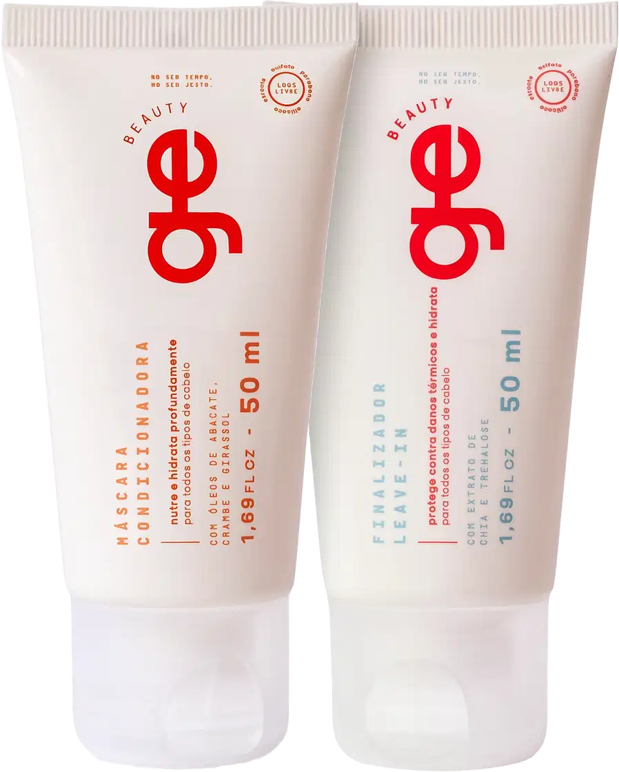 Kit GE Beauty com duas embalagens brancas e tampas translúcidas. Design minimalista com logo "ge" em destaque central.