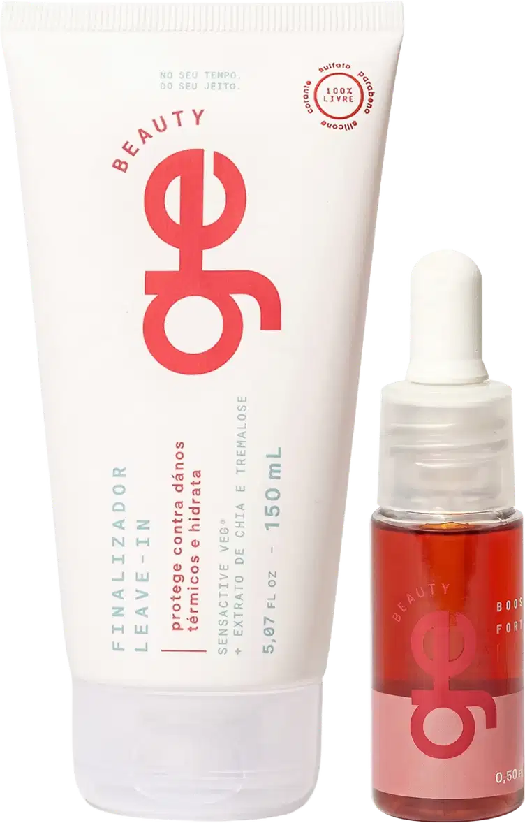 Conjunto GE Beauty com tubo branco de 150ml e frasco com conta-gotas vermelho de 0,50ml. Embalagens com logo circular vermelho, textos em português e design minimalista em tons brancos e vermelhos.