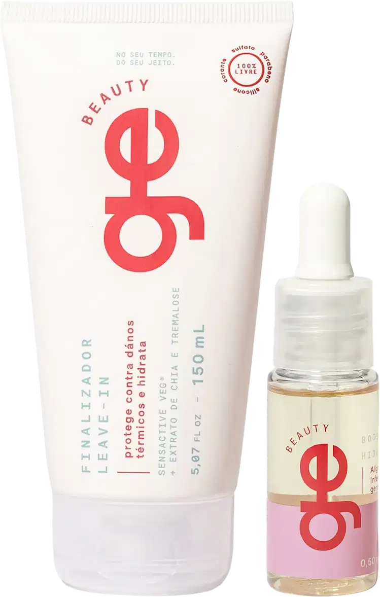 Conjunto GE Beauty com tubo branco de 150ml para tratamento capilar e frasco com conta-gotas. Embalagens com logo vermelho, textos em português sobre propriedades anti-envelhecimento e extrato de chá verde.