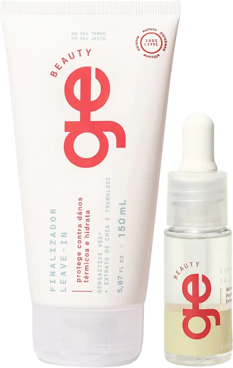 Conjunto GE Beauty com tubo branco e frasco com conta-gotas transparente. Embalagens com logo vermelho, texto em português.