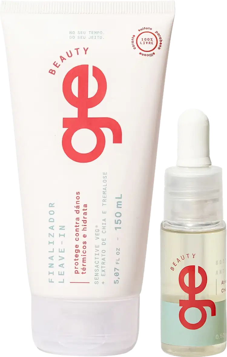 Conjunto GE Beauty com dois produtos: tubo branco de 150ml com logo vermelho e texto "Finalizador Leave-in" e frasco com conta-gotas de 15ml com logo vermelho. Embalagens em tons brancos, vermelhos e verde-água.