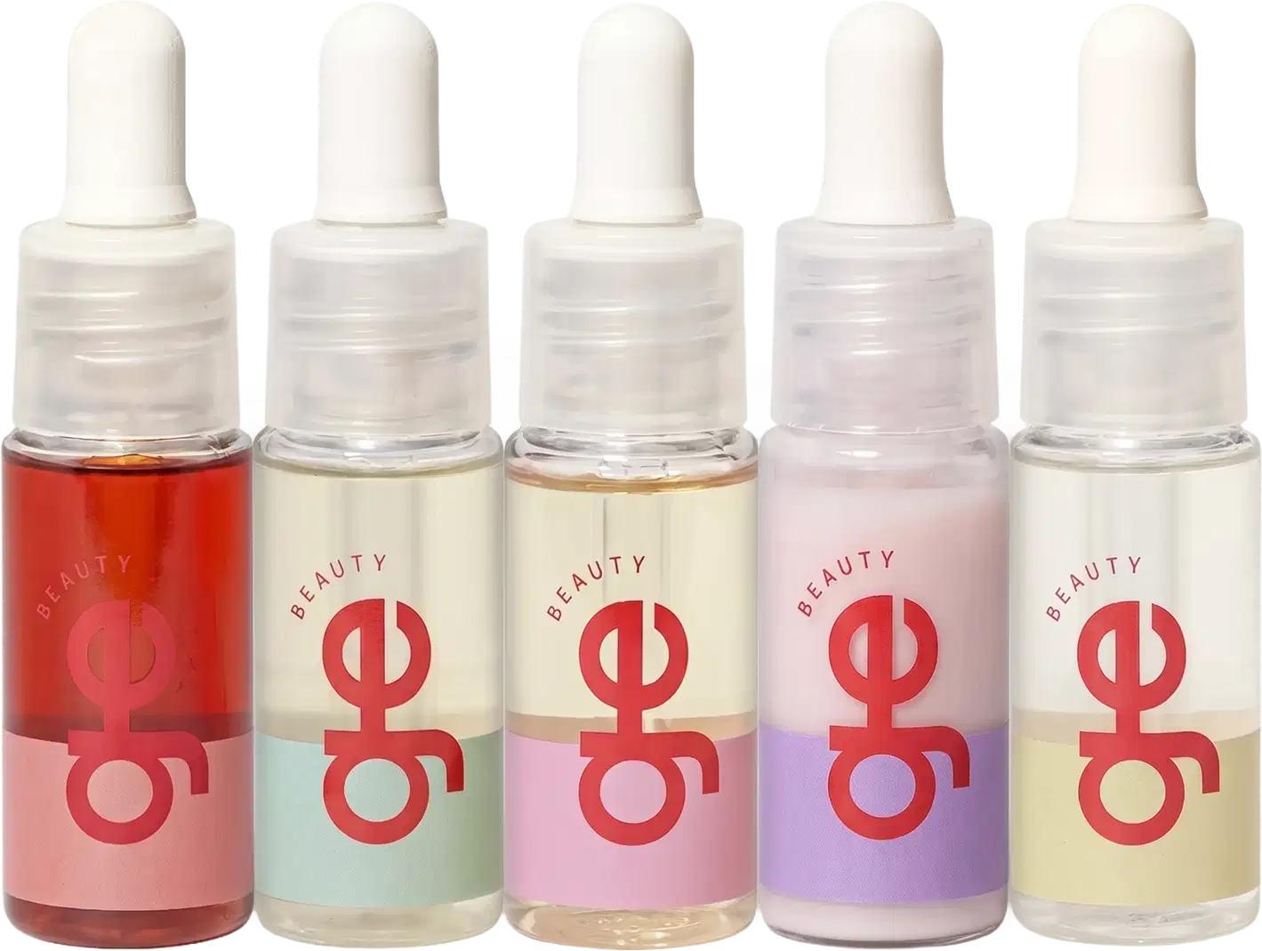 Cinco frascos com contagotas de GE Beauty em cores variadas: vermelho, bege, rosa claro, roxo e amarelo claro. Embalagens transparentes com rótulos vermelhos e tampas brancas arredondadas.