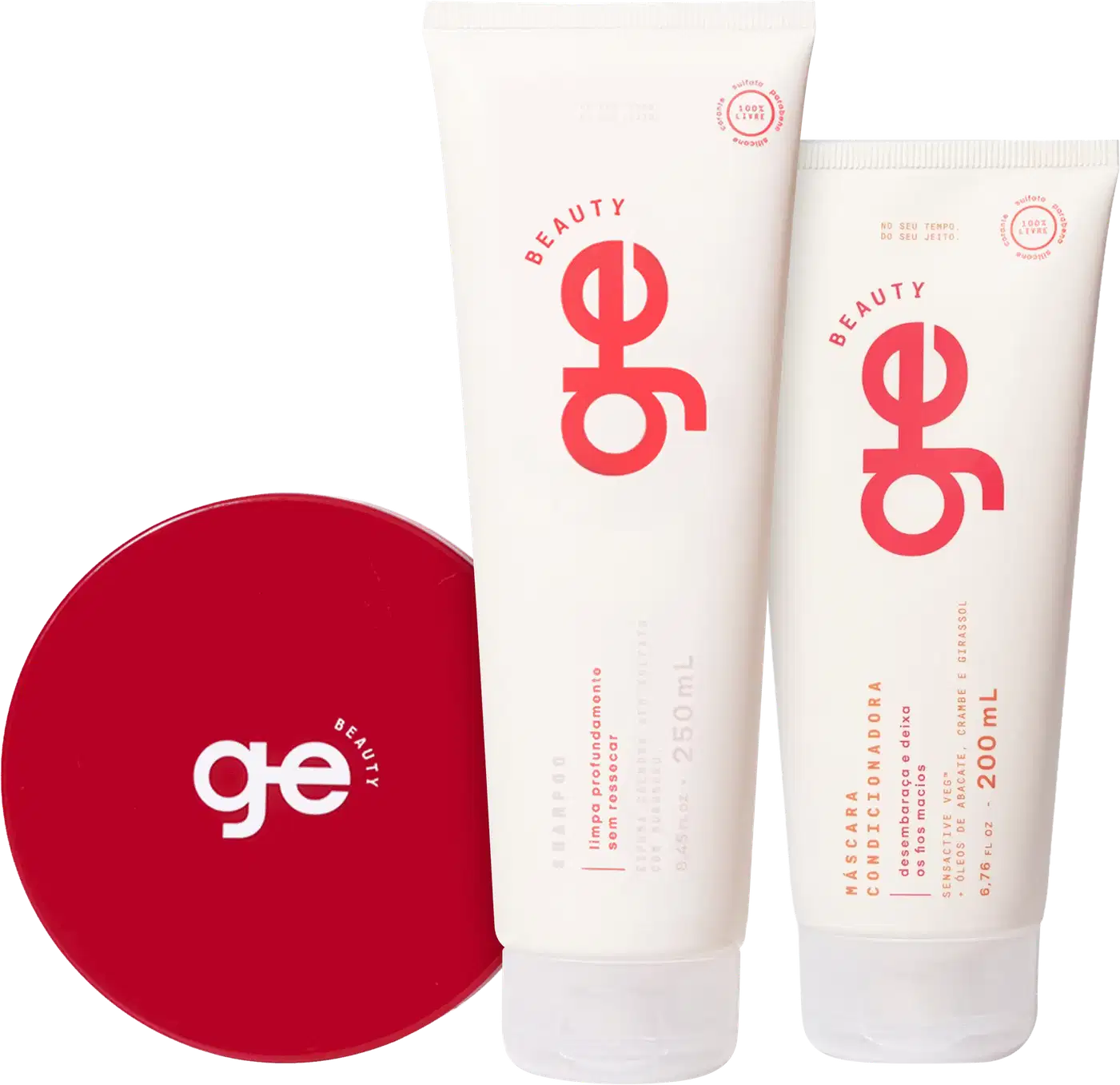 Kit GE Beauty Tratamento Intensivo Trio, 3 produtos. Embalagens brancas, com detalhes em vermelho.