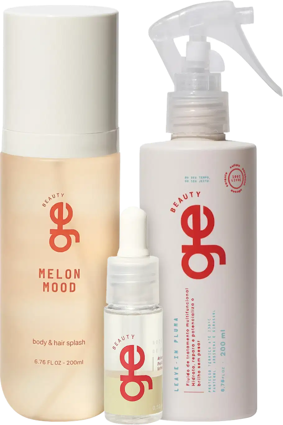 Conjunto GE Beauty com três produtos: frasco cilíndrico branco com líquido bege "Melon Mood" (200ml), frasco pequeno translúcido e frasco spray branco com líquido rosado (200ml). Embalagens com logo vermelho "ge" e textos em branco.