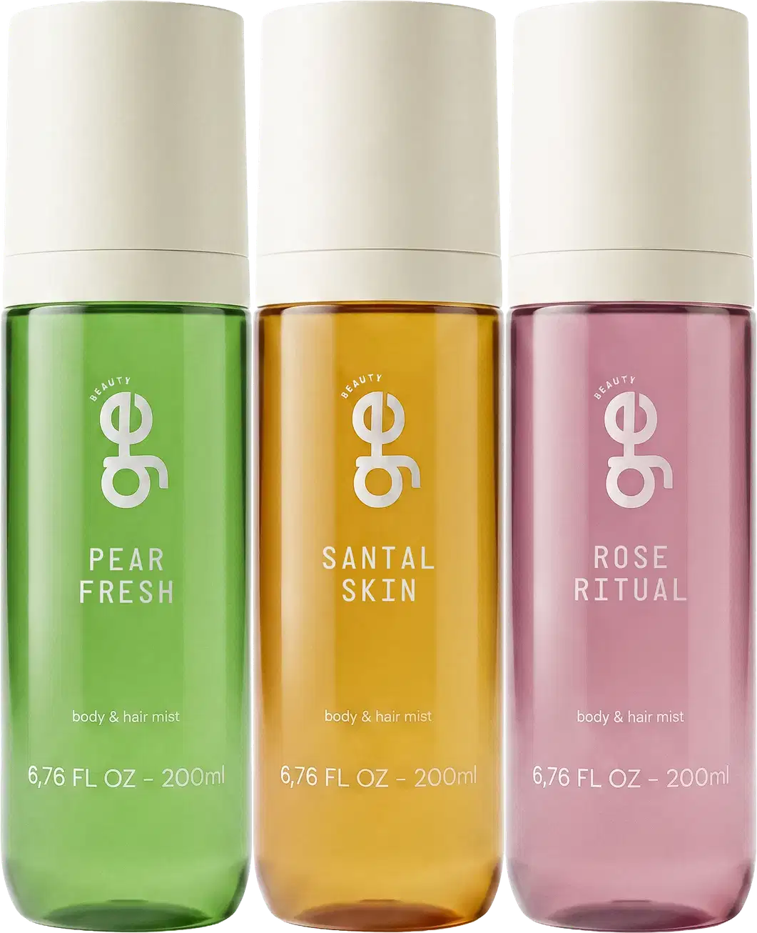 Três frascos transparentes de 200ml da GE Beauty, com tampas creme: Pear Fresh (verde), Santal Skin (âmbar) e Rose Ritual (rosa), todos "body & hair mist".