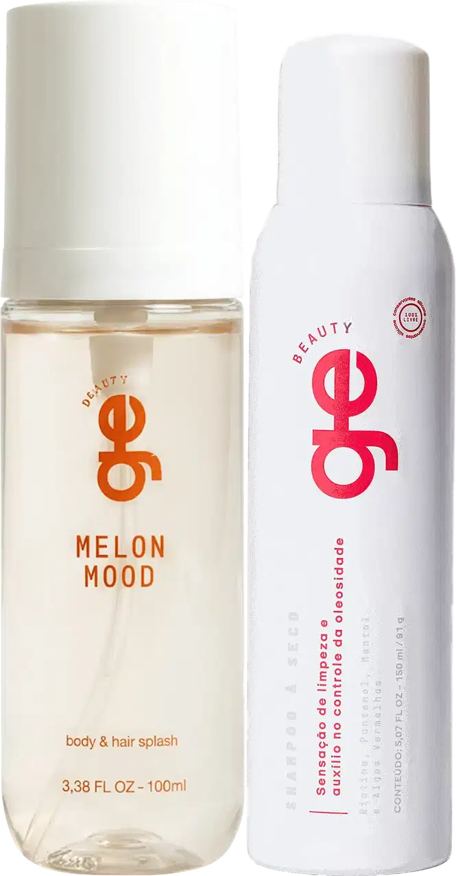 Dois produtos GE Beauty: frasco transparente com tampa branca contendo splash corporal e capilar "Melon Mood" (100ml) e aerossol branco com logo rosa para controle de oleosidade. Embalagens com logotipo "ge" em destaque.
