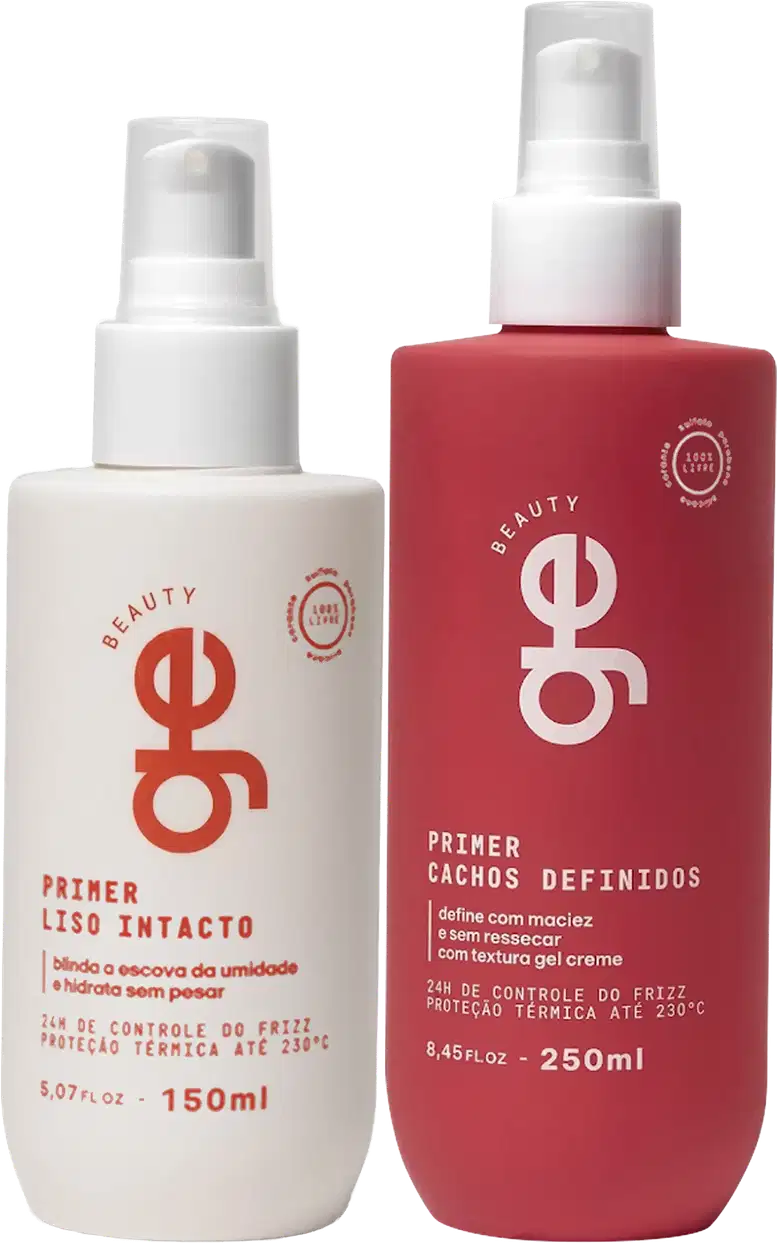 Dois frascos spray GE Beauty: primer branco 150ml para cabelos lisos e primer vermelho 250ml para cachos definidos.