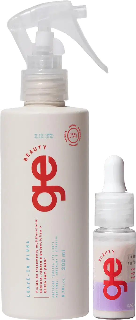Spray leave-in GE Beauty de 200 ml em frasco branco com gatilho transparente, ao lado de um frasco-conta-gotas de com tampa branca e rótulo lilás. Logo vermelho.