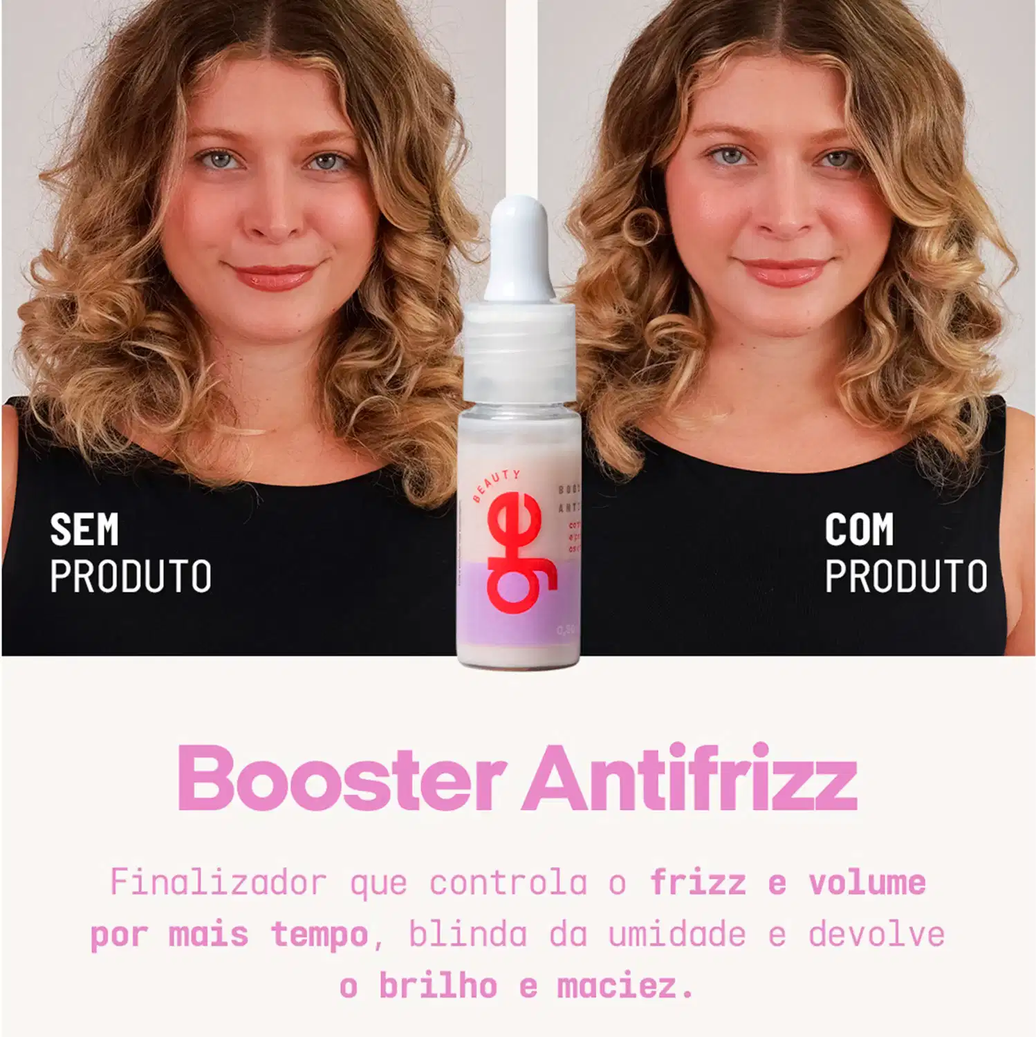 Cenário de cuidado capilar com fundo neutro cinza claro e base branca. Frasco de sérum GE Beauty em destaque, com tons rosa e lilás. Comparação antes e depois em cabelos cacheados, usada na rotina de finalização.