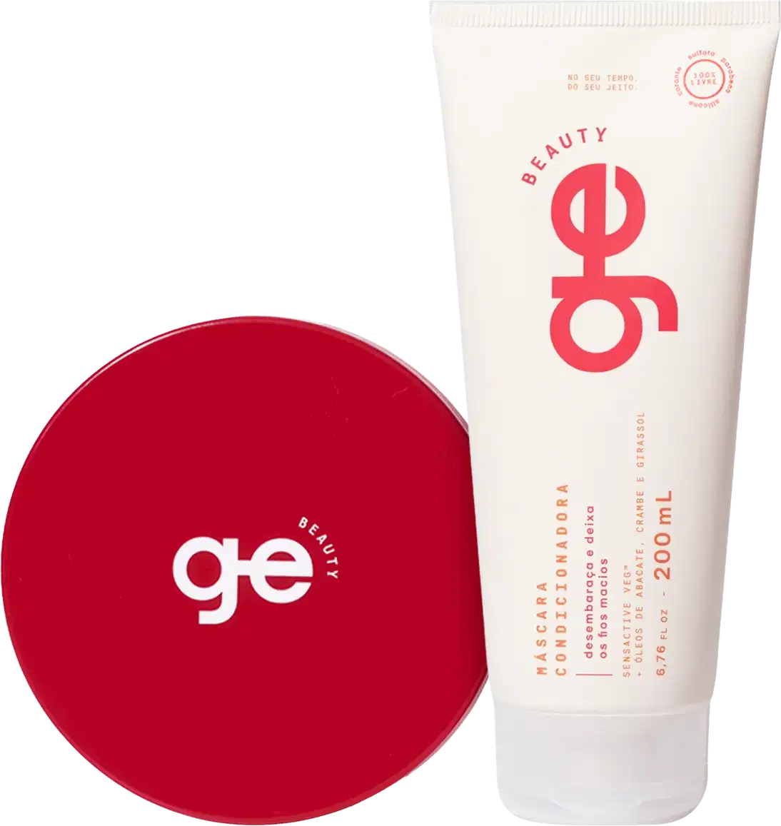 Máscara condicionadora GE Beauty de 200 mL em bisnaga branca com logo vermelho, ao lado de um pote redondo vermelho com tampa e logo branco.