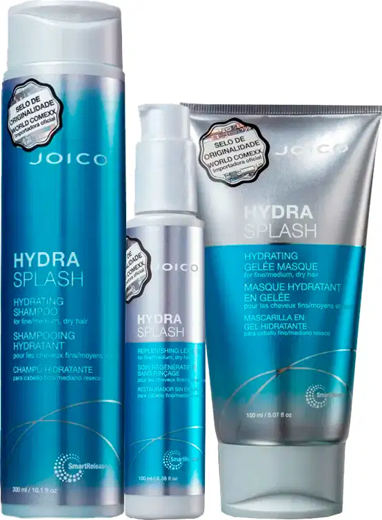 Conjunto de produtos Joico Hydra Splash, incluindo shampoo hidratante, máscara em gel e embalagens em tons de azul e prata com rótulos destacando a originalidade e a hidratação.
