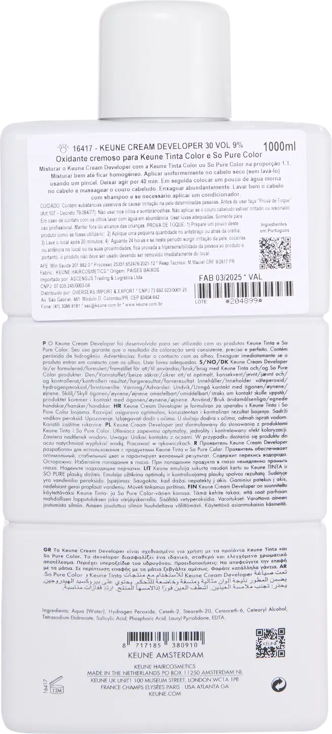 Frasco branco da marca Keune, contendo Cream Developer com 9% - 30 VOL. O rótulo apresenta o nome da marca e do produto em letras pretas.