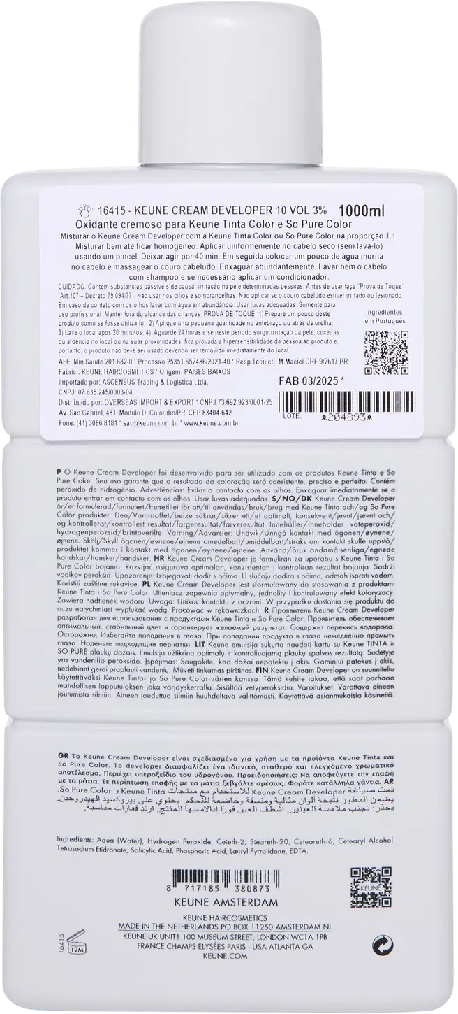 Frasco branco da marca Keune, contendo Cream Developer com 3% - 10 VOL. O rótulo apresenta o nome da marca e do produto em letras pretas.