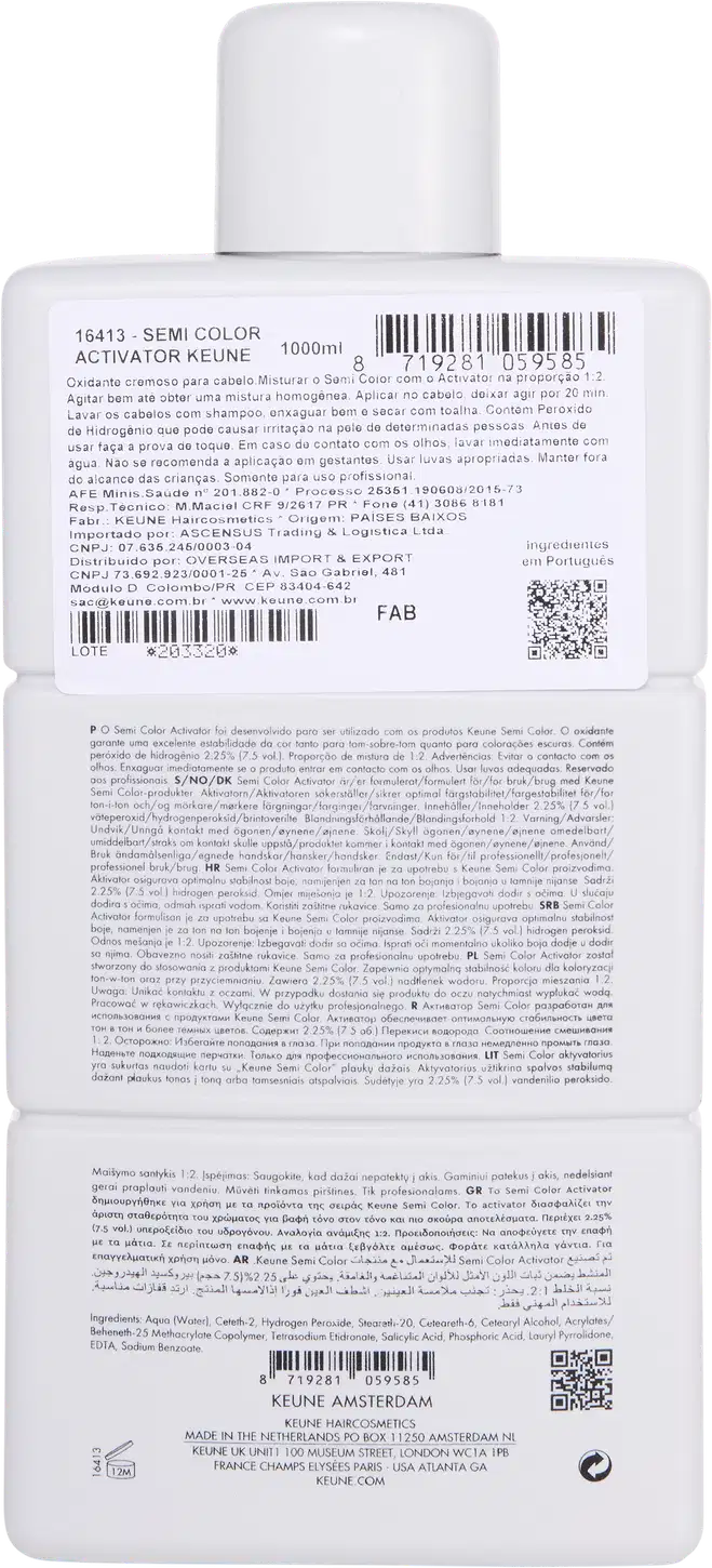 Frasco branco da linha Activator da marca Keune Semi Color, com rótulo em preto e branco indicando o nome do produto.