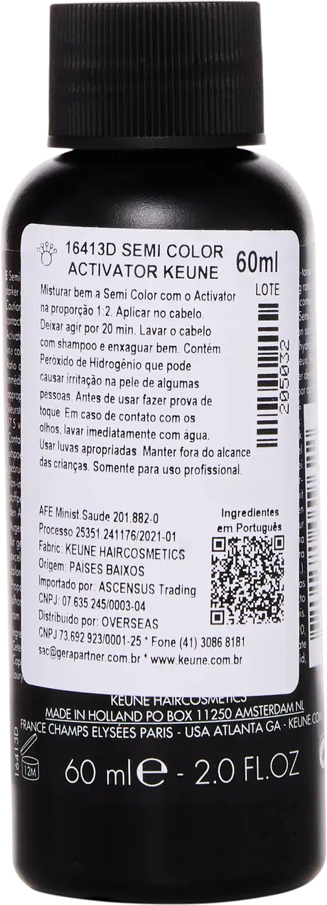 Frasco preto de 60 ml do Ativador de Cor Semi da Keune, com rótulo detalhado contendo informações sobre o produto e instruções de uso.