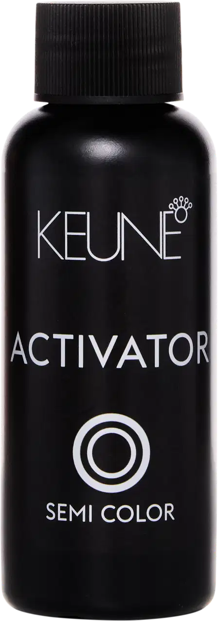 Frasco preto da marca Keune contendo o produto "Activator" da linha Semi Color. O rótulo apresenta o nome da marca em branco e o nome do produto em destaque.