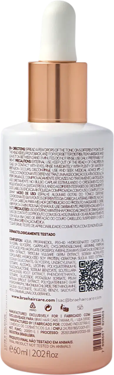 Um frasco de Tônico Antiqueda Defense da Braé, com rótulo branco e tampa cobre. O texto afirma fortalecer o cabelo, prevenir a queda capilar e promover o crescimento capilar.