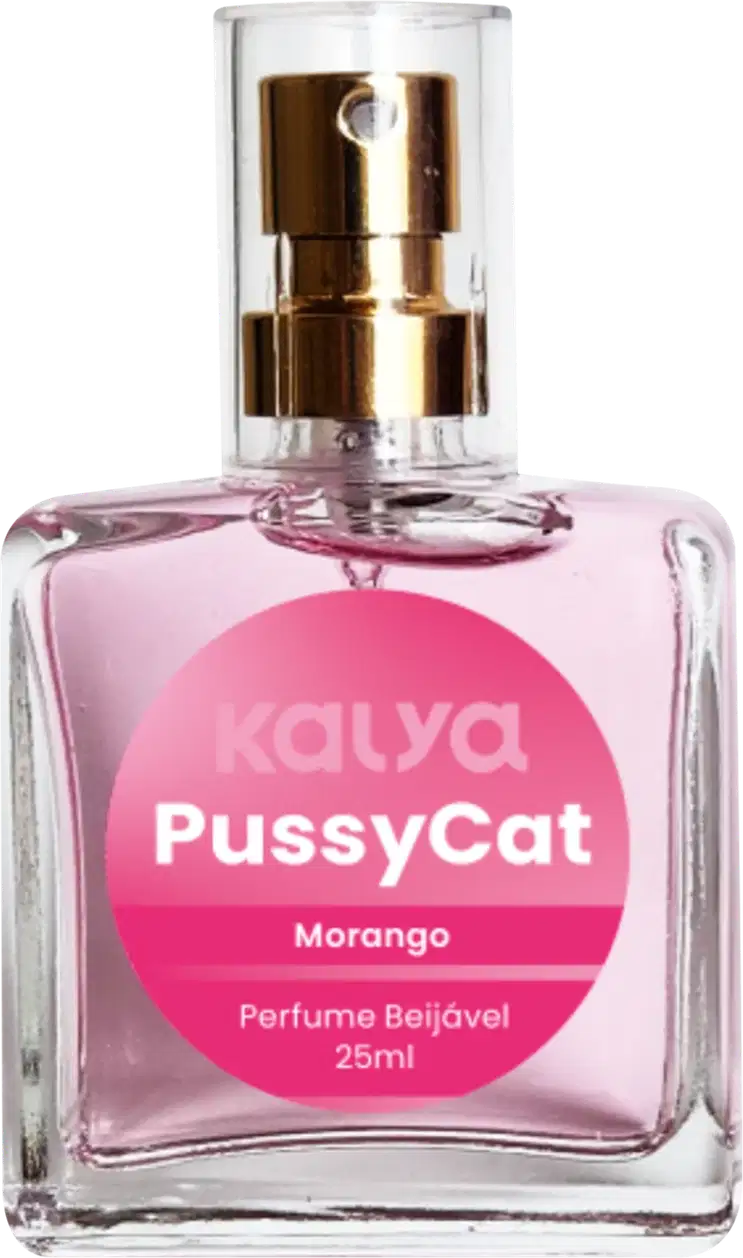 Frasco de perfume Kalya Pussycat, com embalagem de vidro transparente e rótulo rosa com texto em branco. O produto é um perfume Morango com volume de 25ml.