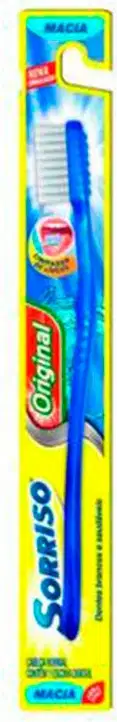 Escova dental Sorriso de cor azul e amarela, com texto "Sorriso" impresso no corpo da escova. O produto está embalado em uma caixa retangular amarela e azul.