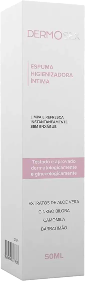 A imagem mostra a caixa da espuma higienizadora íntima da marca Dermosex. A embalagem é uma caixa branca com detalhes em rosa, contendo informações sobre o produto, como sua função de limpeza e refrescância instantânea, sem enxágue.