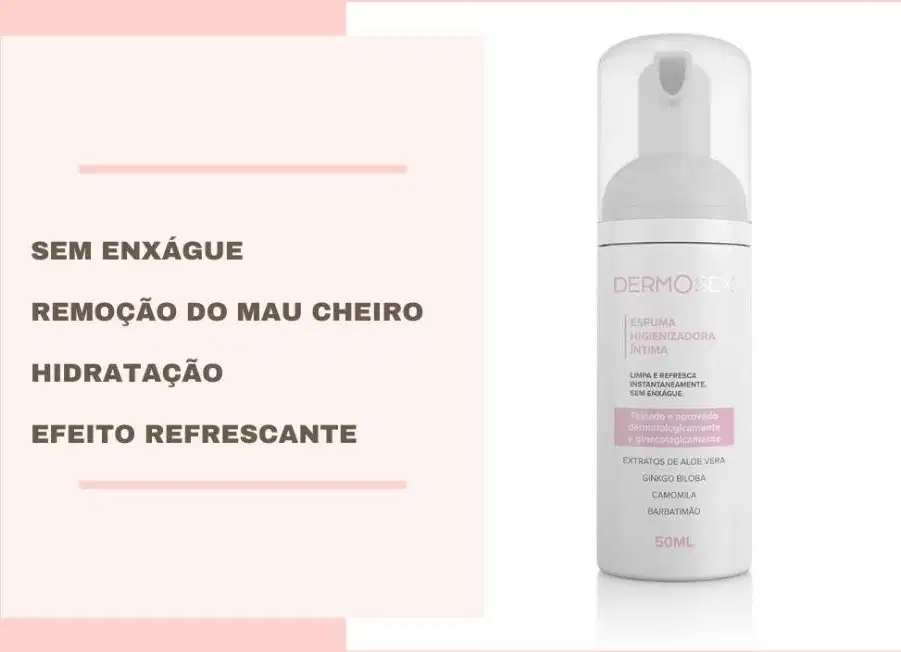 Texto destaca os benefícios do produto, como remoção do mau cheiro, hidratação e efeito refrescante.