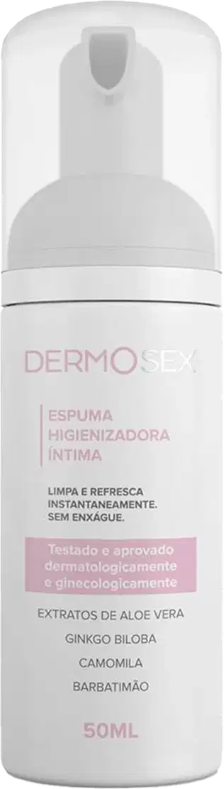 O produto apresentado é um frasco de espuma higienizadora íntima da marca Dermosex. O frasco é branco com detalhes em rosa, volume de 50ml.