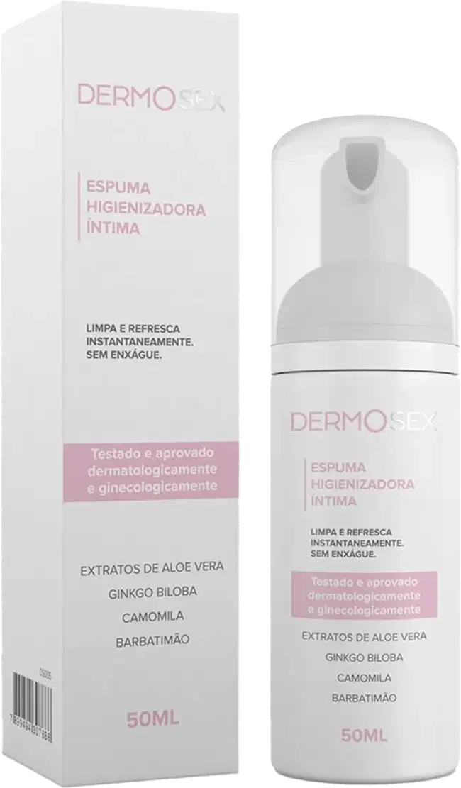 O produto apresentado é uma espuma higienizadora íntima da marca Dermosex. A embalagem é um frasco branco com um rótulo rosa, contendo 50ml do produto. Ao lado, a caixa do produto.